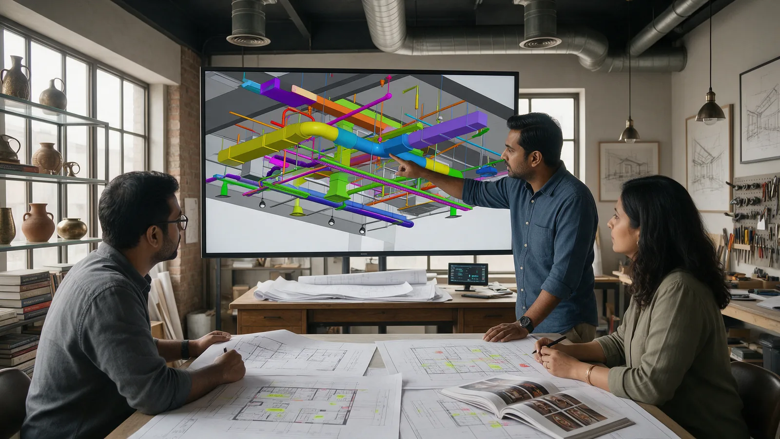 Design team reviewing a 3D model of restaurant ceiling services to resolve duct and sprinkler clashes